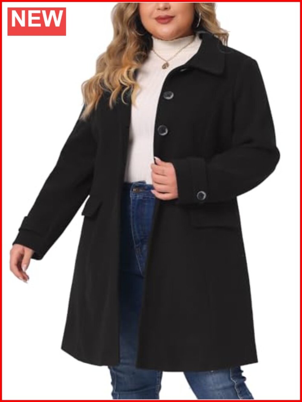 Plus Size Wool Pea Coat Single Breasted Trench Coat with Pockets